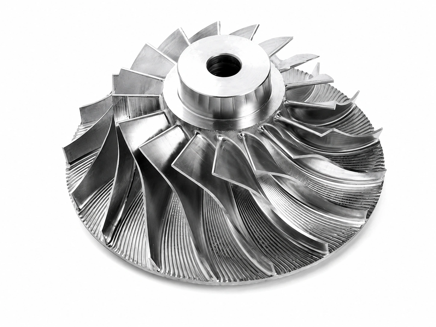 Precision 5-axis CNC-machined titanium impeller with complex curved blades for marine and industrial pump applications on a white background.