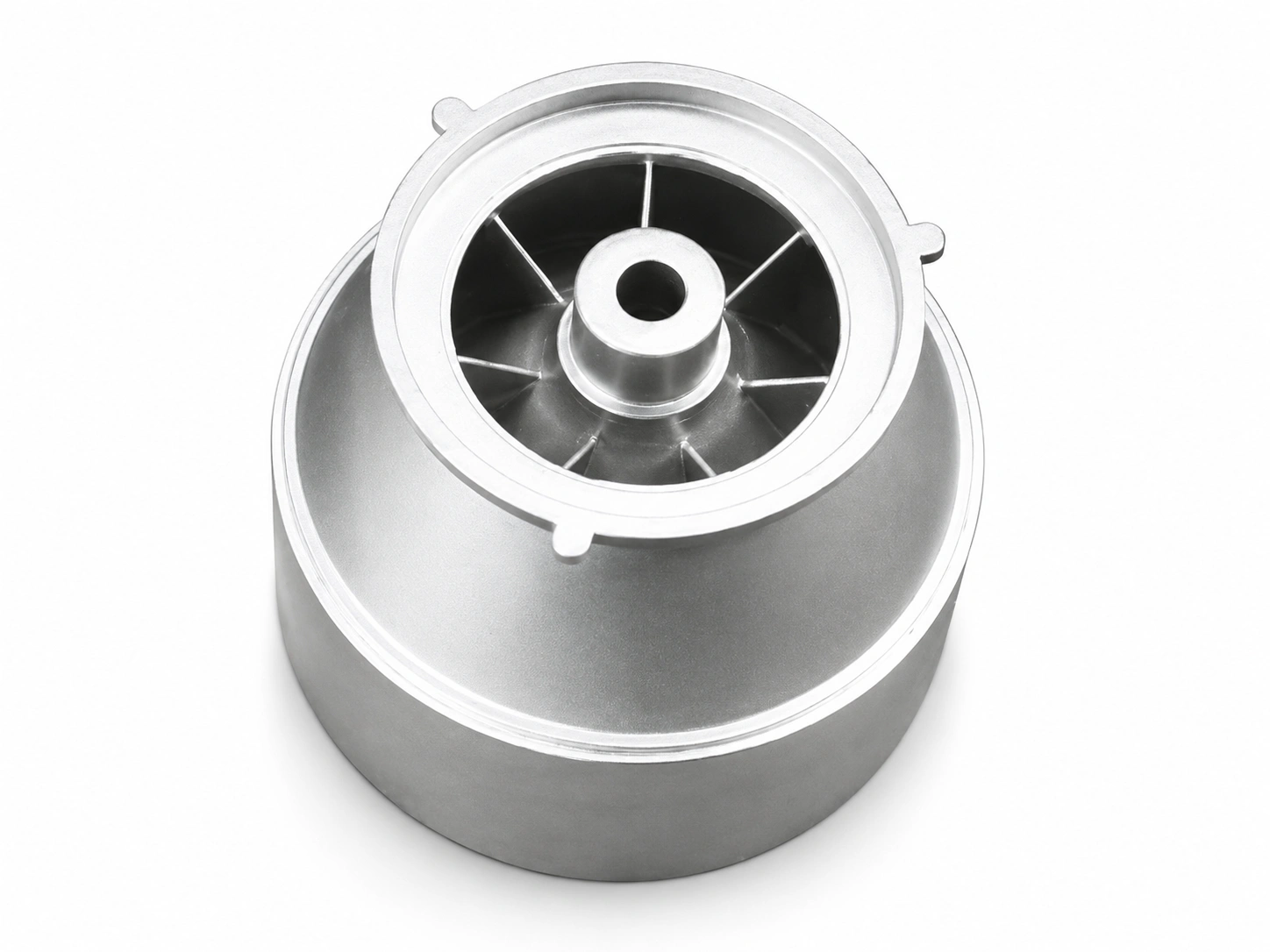 Duplex stainless steel cast pump housing with machined flanges and mounting features