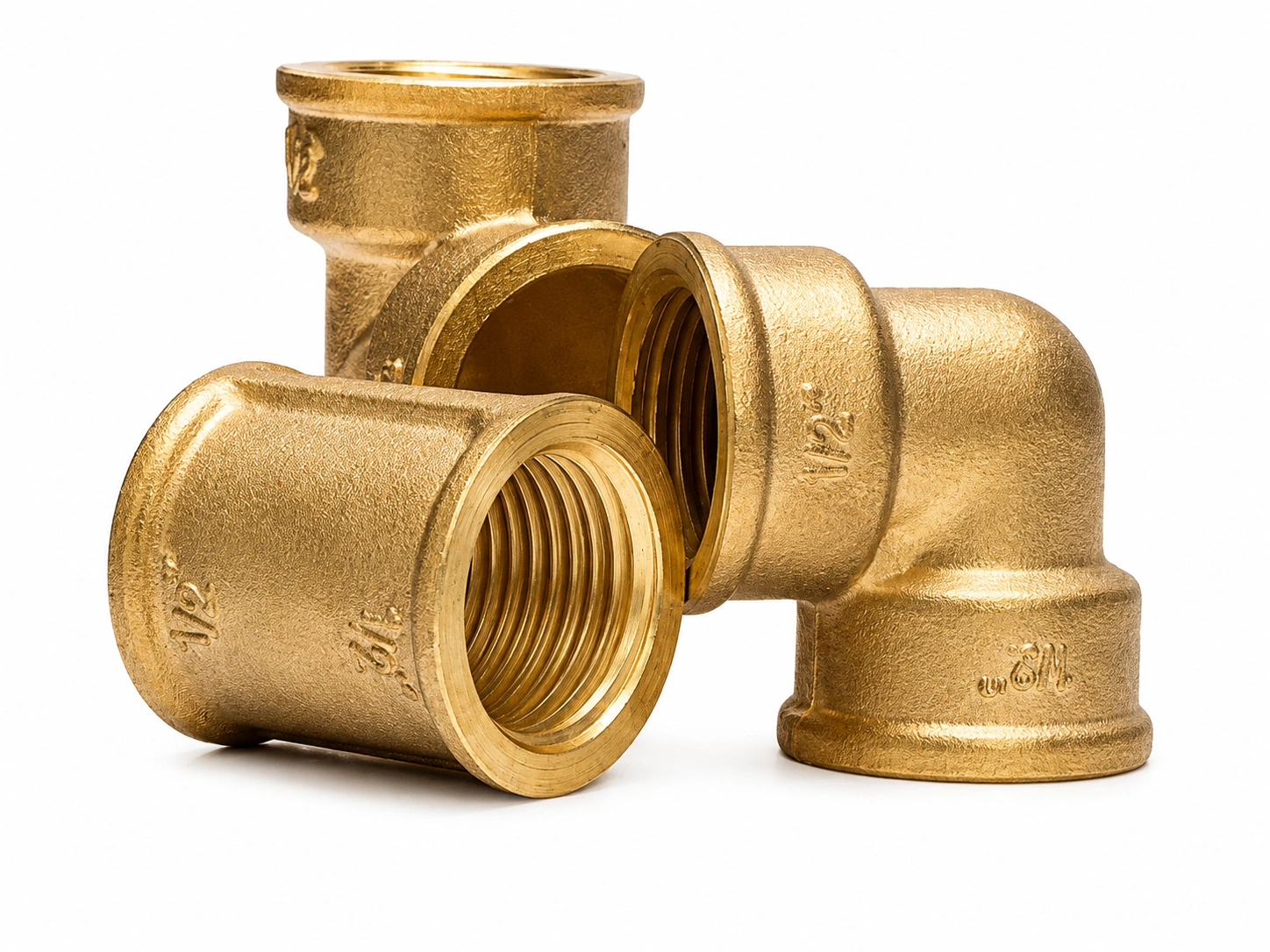 Lead-free C69300 eco brass threaded pipe fittings with elbows and couplings on a fully white background.