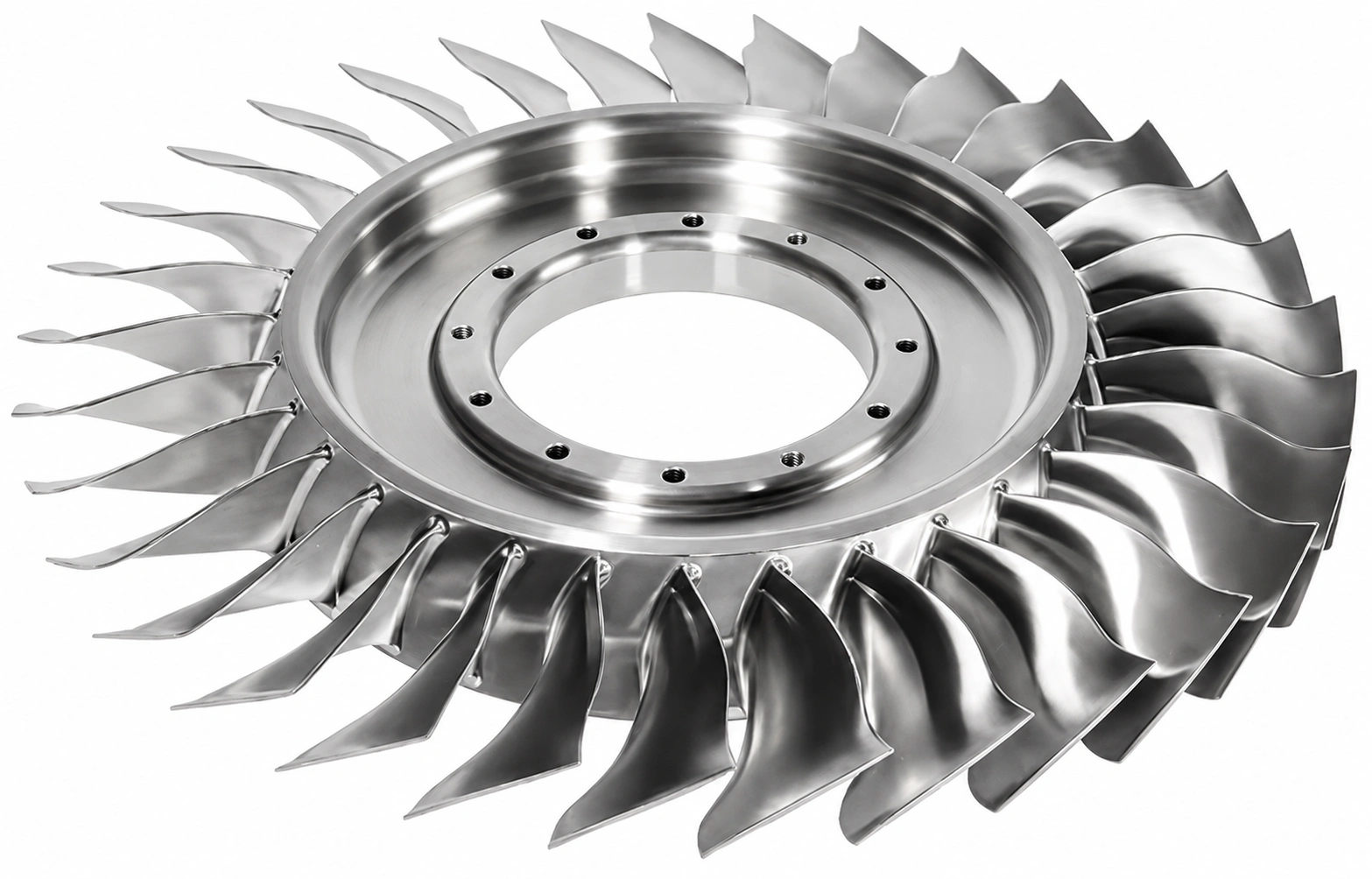 Precision-machined Inconel 718 aerospace turbine wheel with radial blades and polished metal finish