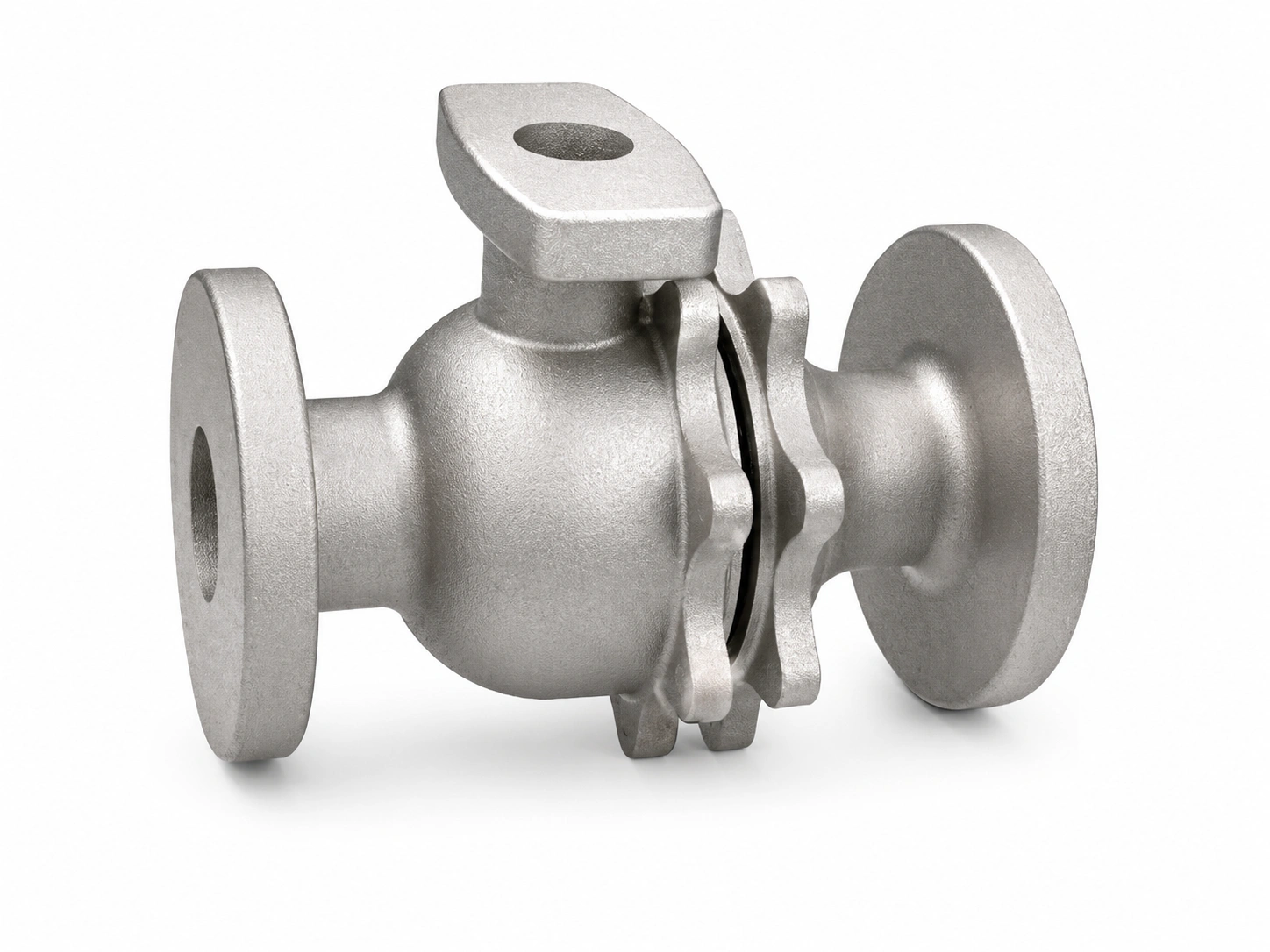 Corrosion-resistant industrial titanium cast valve body with flanged connections on a fully white background.