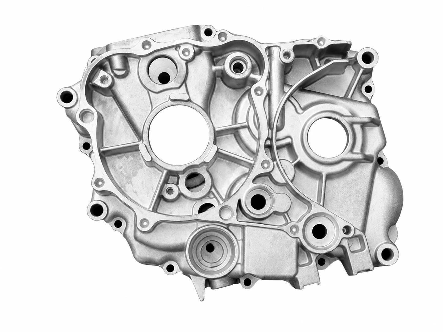 Magnesium die-cast automotive housing with ribs, machined openings, and mounting features