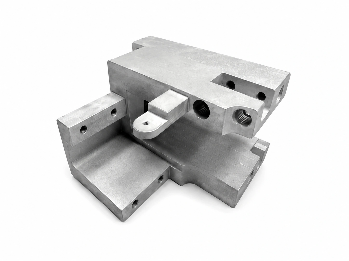 Precision aluminum die-cast mounting bracket with machined threaded holes, structural supports, and complex internal geometry on a white background