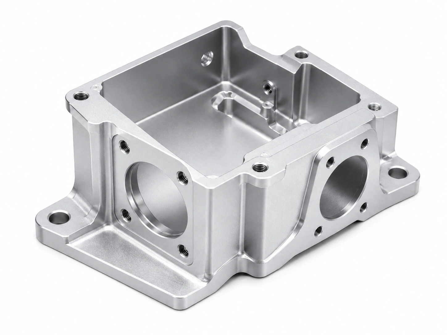 Precision-machined aluminum housing with a uniform protective coating and smooth surface finish on a white background.