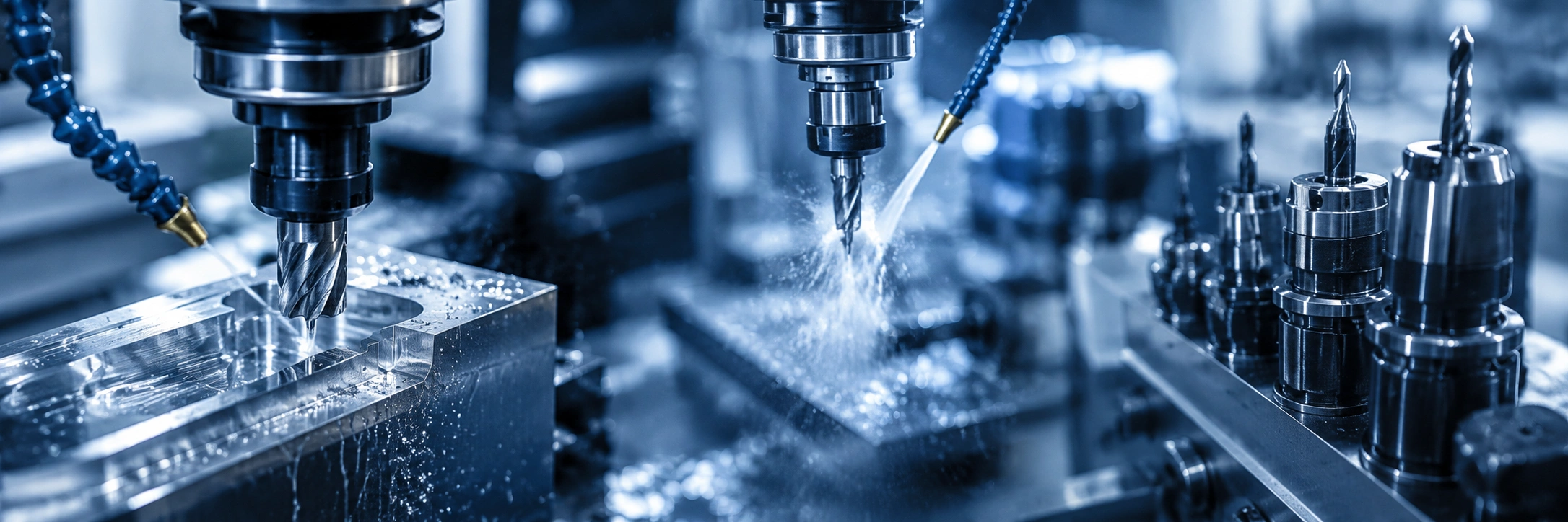 High-precision CNC machining tools cutting metal components with coolant in a modern manufacturing facility