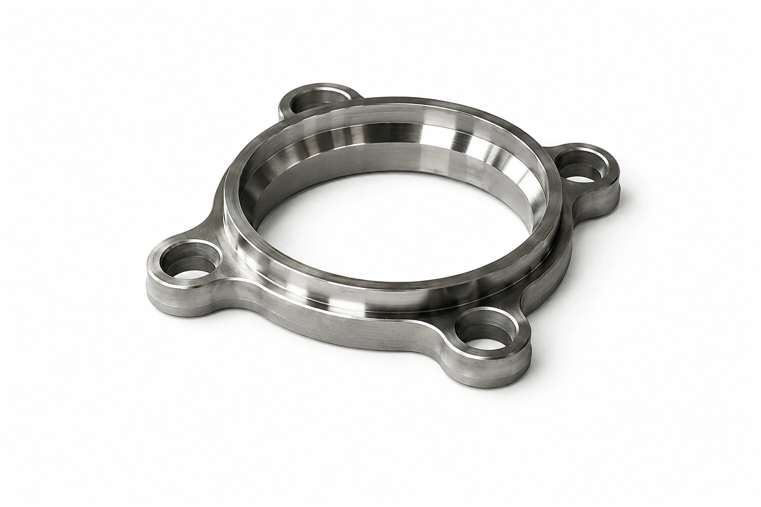 Precision-machined stainless steel four-bolt flange with a large central bore on a white background.