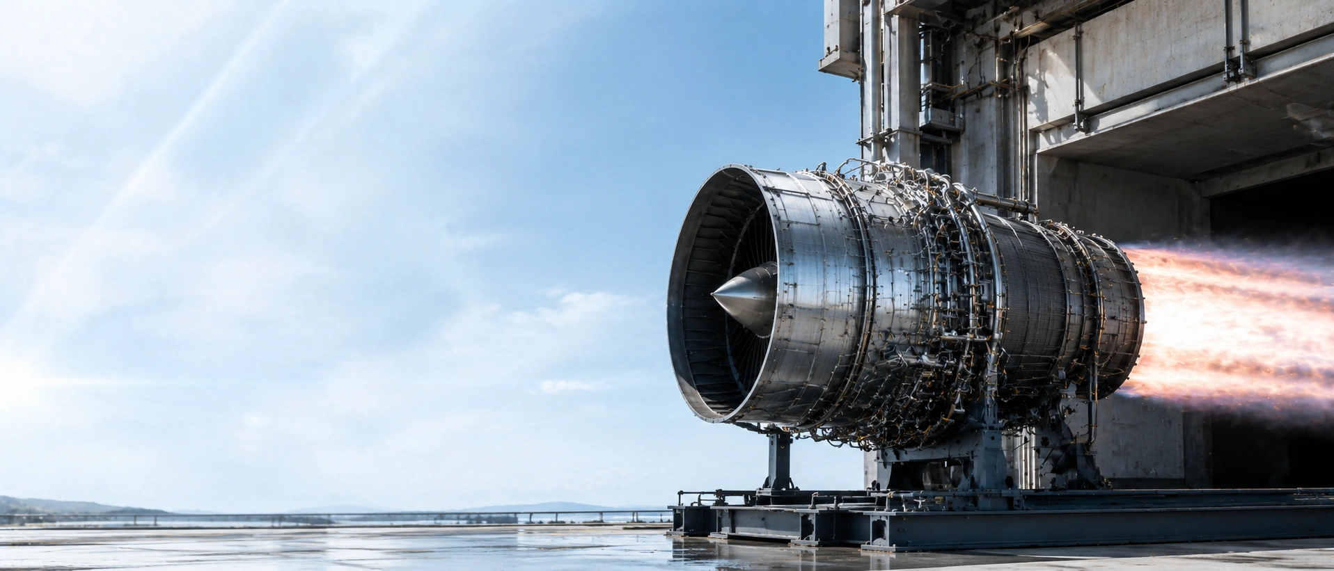 Titanium aerospace jet engine undergoing a high-performance ground test with active exhaust