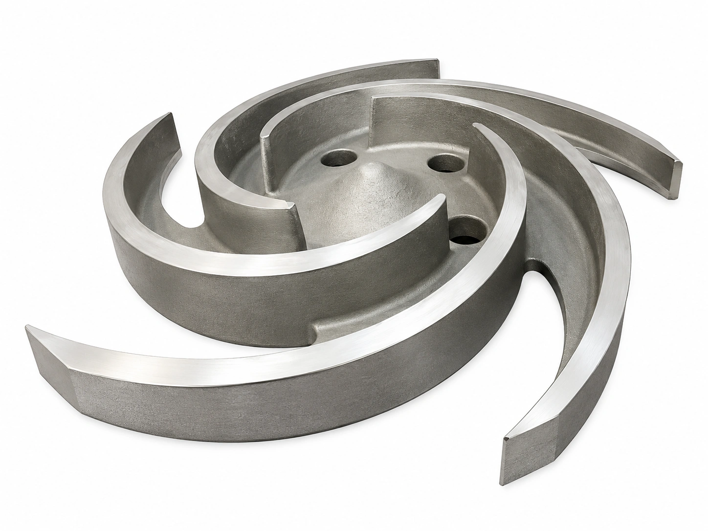 Precision titanium casting open impeller with curved vanes and machined edges for industrial pump applications on a white background.