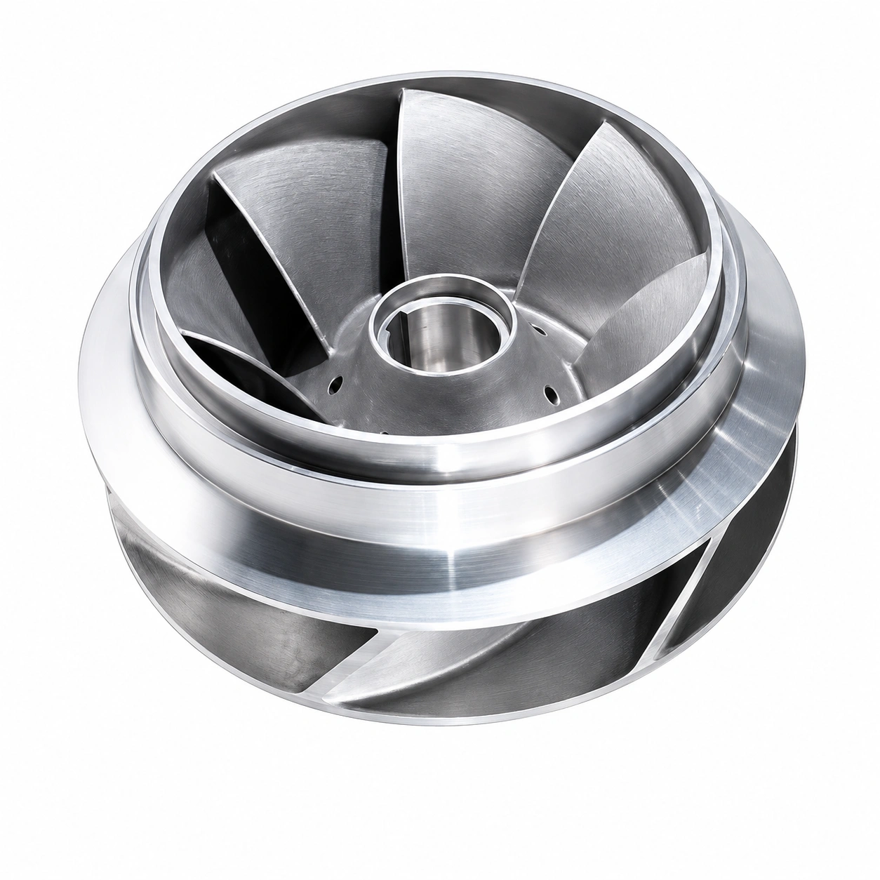 Precision titanium casting shrouded impeller with curved internal vanes and machined surfaces on a fully white background