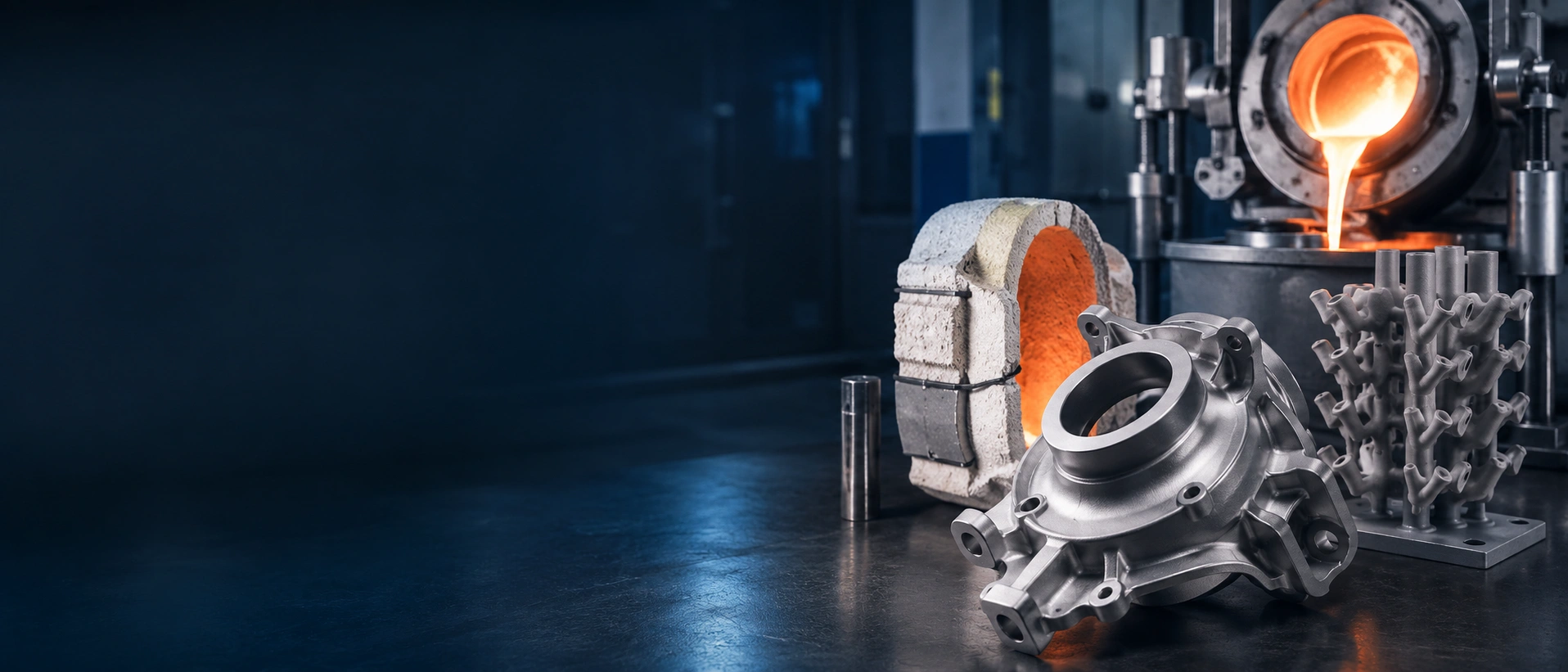 Titanium investment casting process with precision cast components, ceramic shell mold, and molten metal in a modern foundry